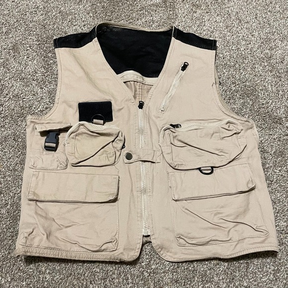 Forever 21 Mens Beige Utility Vest Multi Pocket Full Zip Sleeveless Jacket - Picture 1 of 3